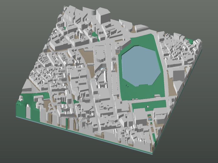 Render: the Bergen stack put together — white buildings packed round a pale-blue lake in a green park, the blue, green, white and sand layers showing as stripes along the plate’s cut edge.