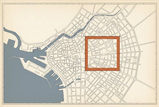 Illustration: a plan of a coastal city drawn in ink, with a terracotta viewfinder rectangle laid over one district.