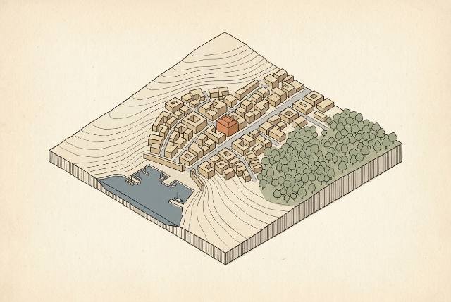 Illustration: an axonometric model plate — block buildings, streets, woodland and a harbour standing on contoured ground.