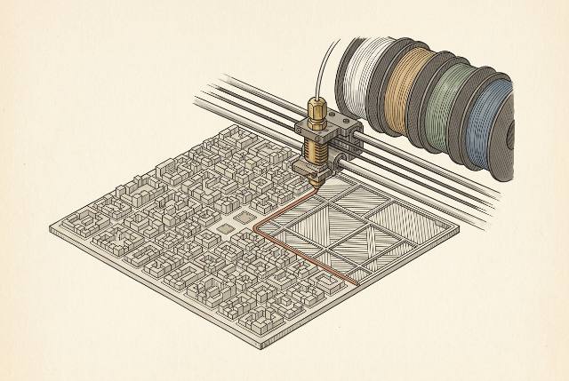 Illustration: a printer nozzle laying a bead onto a half-finished city plate, with four spools of filament behind it.