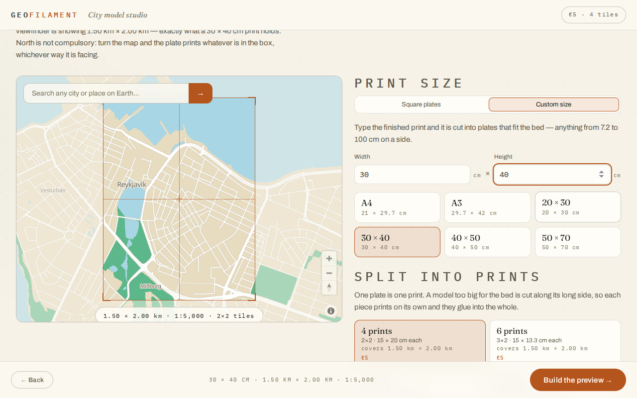 The GeoFilament studio on the Custom size tab, with 30 and 40 typed into the width and height fields and the six frame presets under them