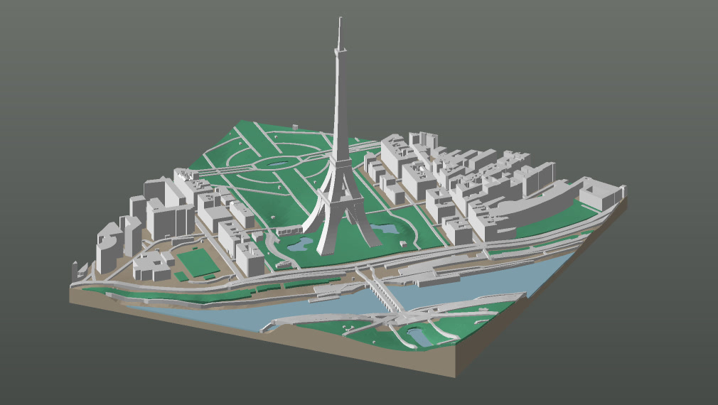 The same plate of the Champ de Mars with the Eiffel Tower printed as splayed legs, two platforms and a tapering shaft