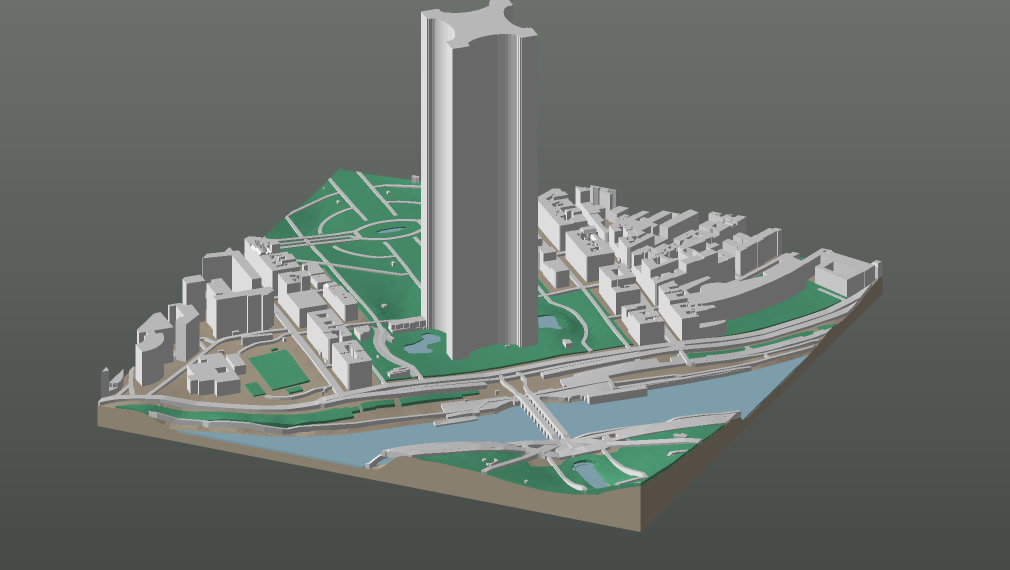A 3D-printable plate of the Champ de Mars in Paris with a plain rectangular column standing where the Eiffel Tower should be