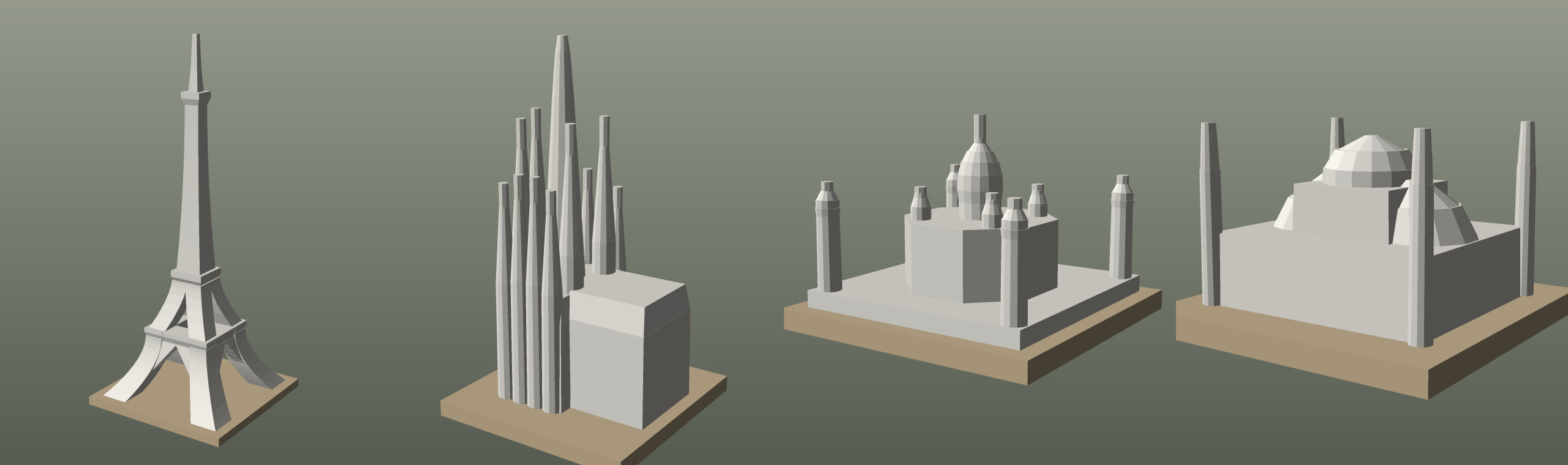 Four monuments drawn by GeoFilament, side by side: the Eiffel Tower, the Sagrada Família, the Taj Mahal and Hagia Sophia