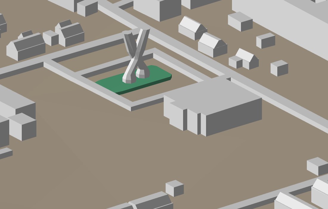 The same rendered plate of Stureplan, with a pair of scissors standing upright in the flower bed, taller than the buildings around it