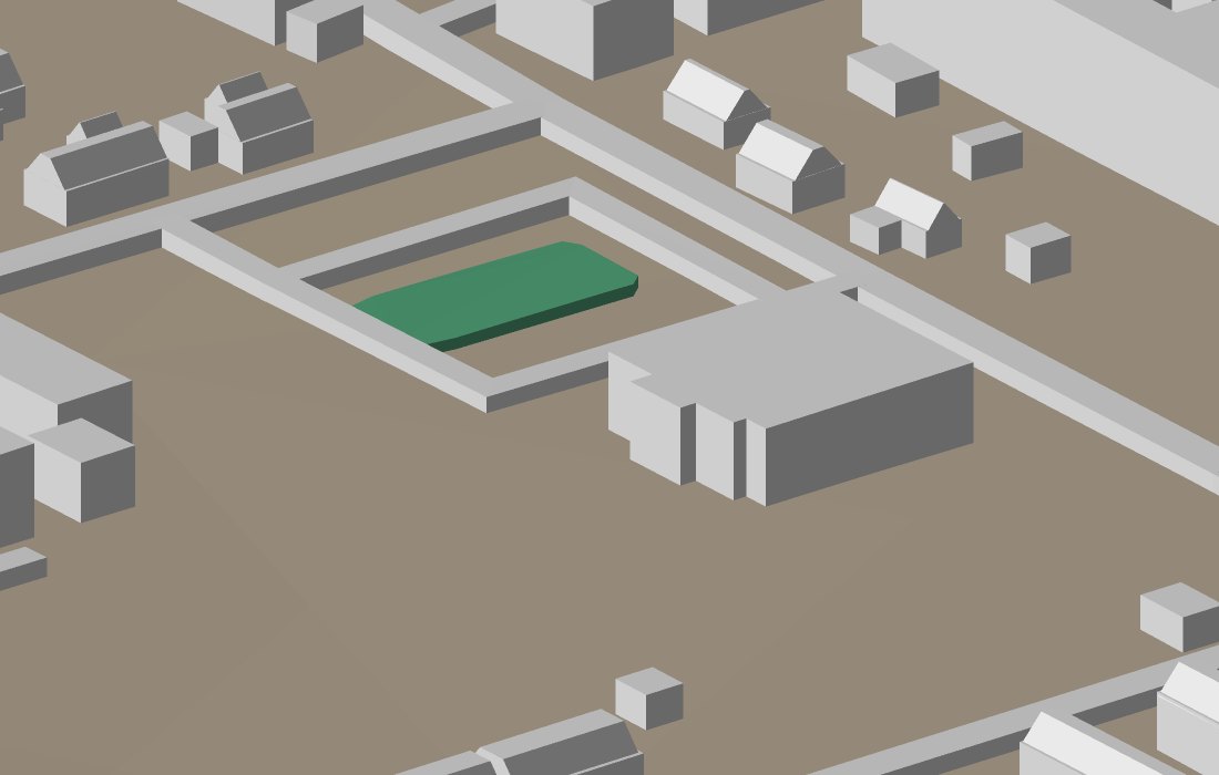 A rendered 3D-printed plate of central Nossebro, zoomed on Stureplan: a green flower bed in a sand car park with nothing standing in it