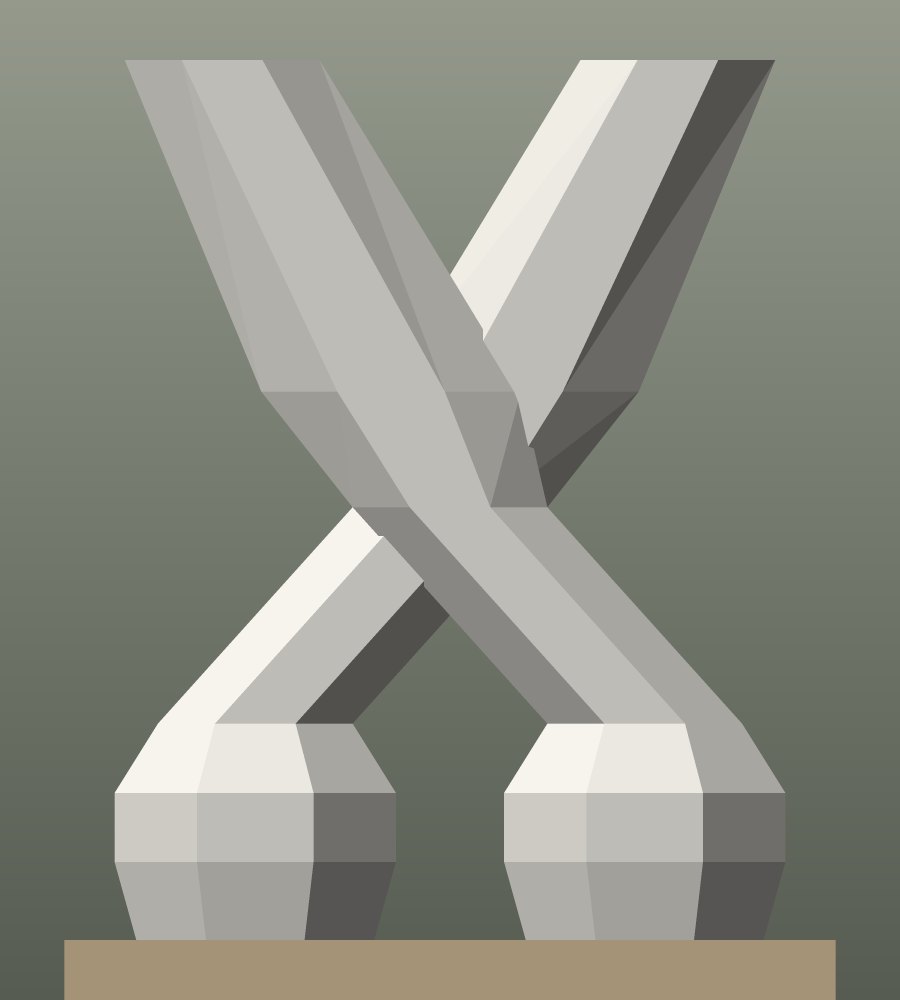 The GeoFilament proxy for the scissors, seen square on: two rounded loops at the base, shanks converging to a crossing, and two blades opening in a V above it