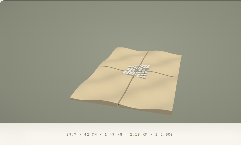 The GeoFilament preview showing an A3 print laid out as four separate plates standing apart, with the seams between them visible