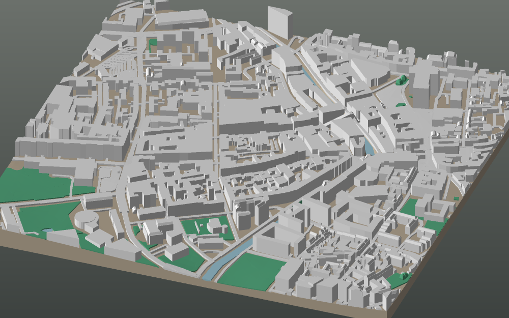 A 3D-printable model plate of Aarhus — Midtbyen — with its buildings, streets, water and terrain.