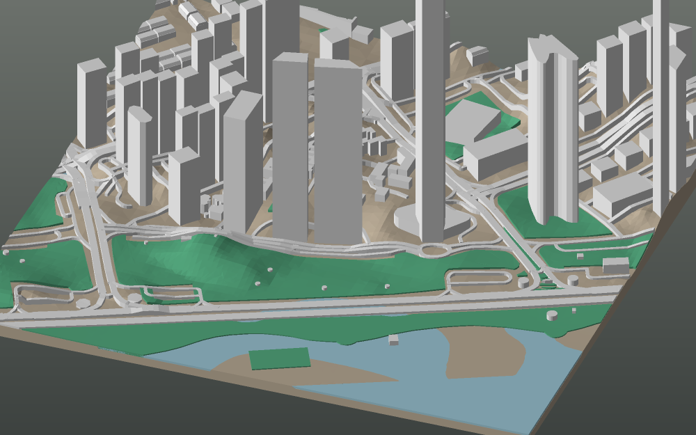 A 3D-printable model plate of Abu Dhabi — the Corniche — with its buildings, streets, water and terrain.