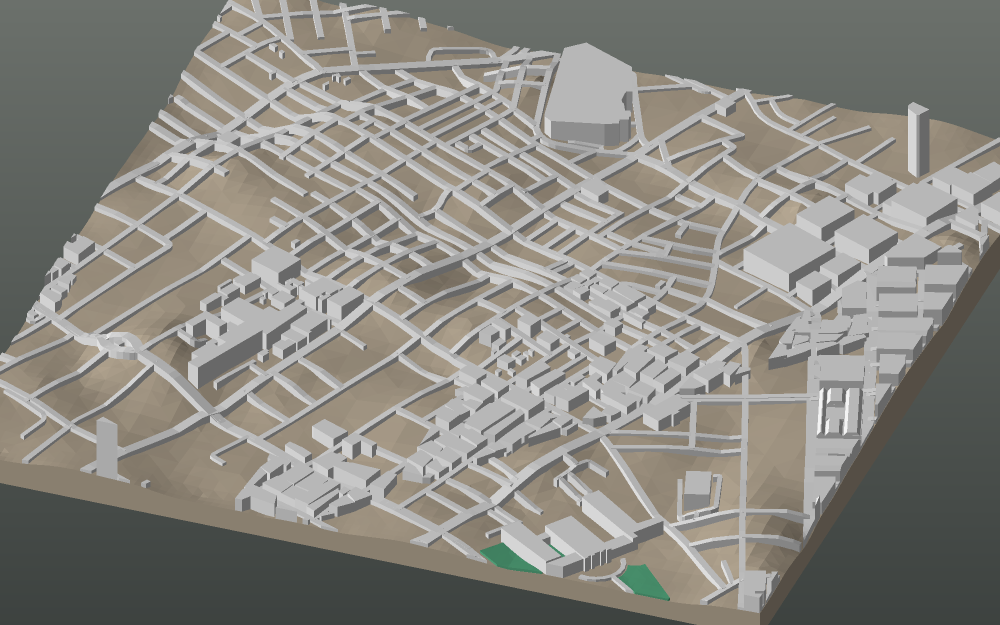 A 3D-printable model plate of Alexandria — Downtown — with its buildings, streets, water and terrain.
