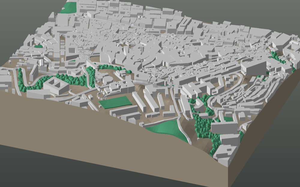 A 3D-printable model plate of Algiers — the Casbah — with its buildings, streets, water and terrain.