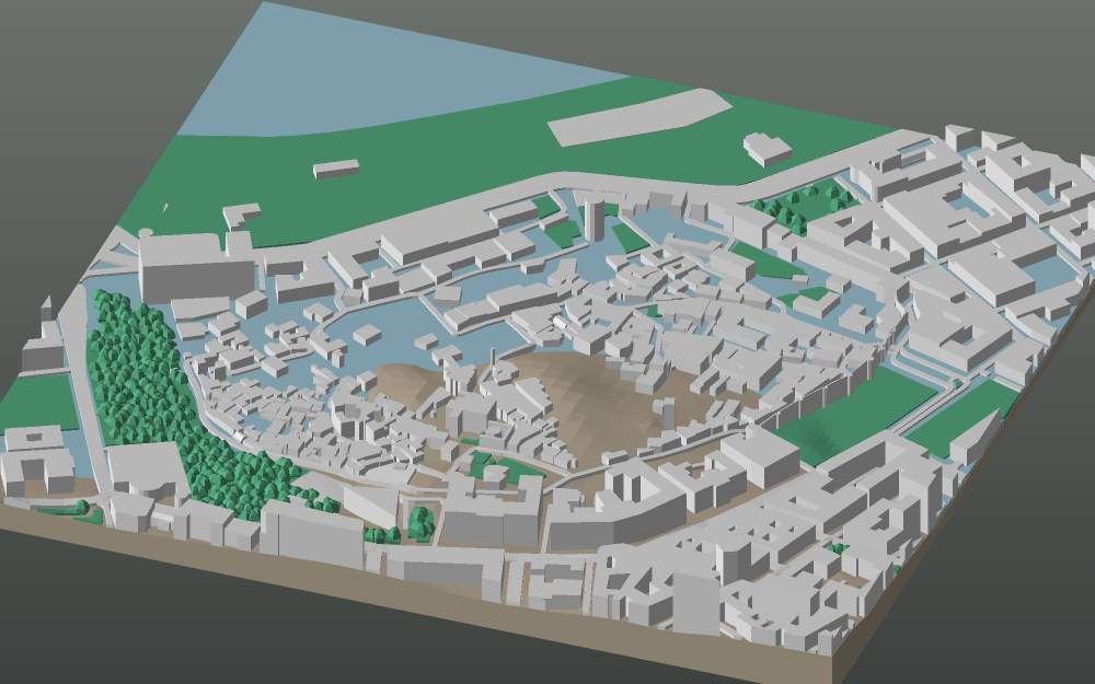 A 3D-printable model plate of Baku — Sabail, the Old City — with its buildings, streets, water and terrain.