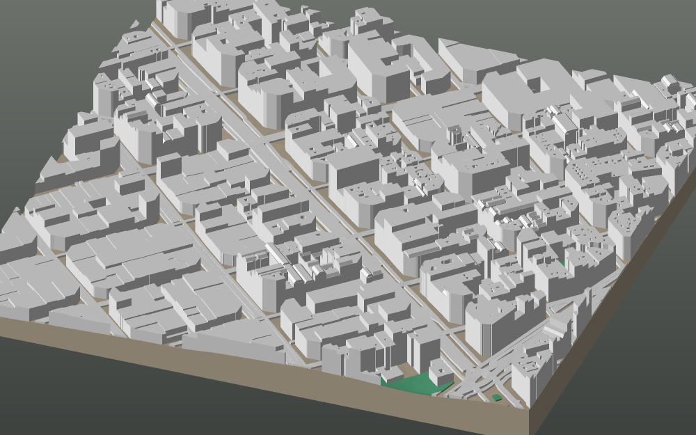 A 3D-printable model plate of Barcelona — Eixample — with its buildings, streets, water and terrain.