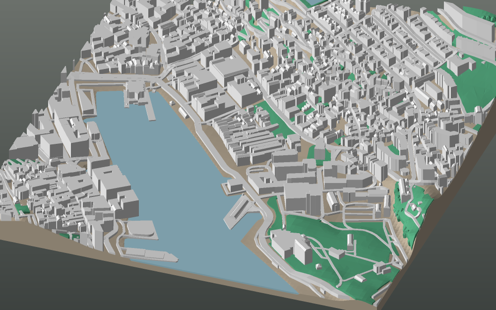 A 3D-printable model plate of Bergen — Bryggen — with its buildings, streets, water and terrain.