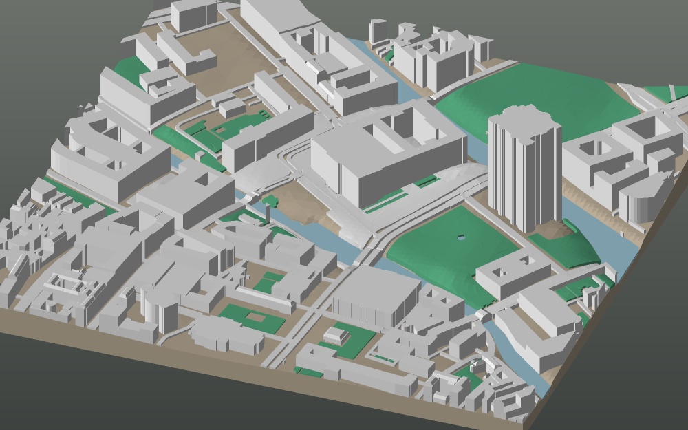 A 3D-printable model plate of Berlin — Mitte, the Museumsinsel — with its buildings, streets, water and terrain.