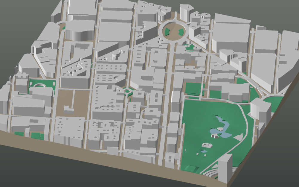 A 3D-printable model plate of Bilbao — Abando — with its buildings, streets, water and terrain.