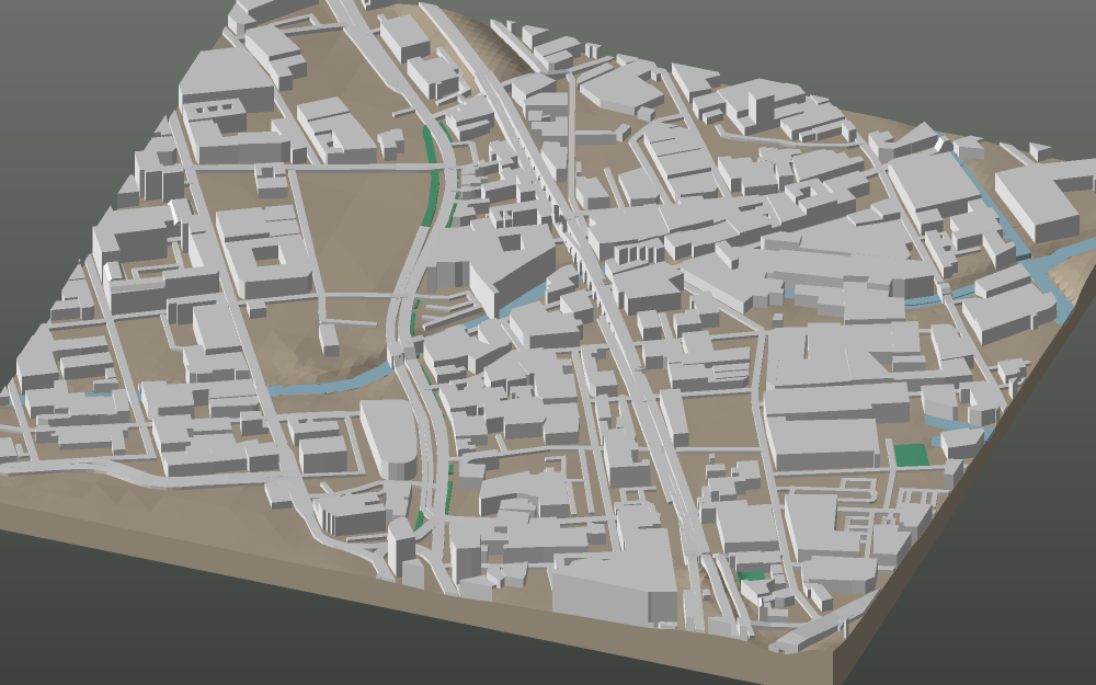 A 3D-printable model plate of Birmingham — Digbeth — with its buildings, streets, water and terrain.
