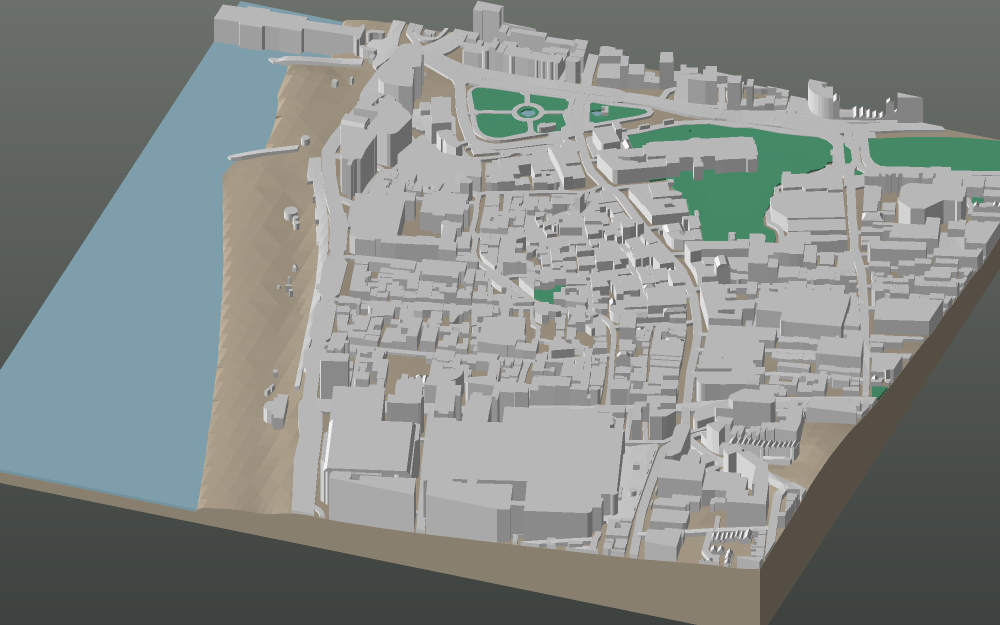 A 3D-printable model plate of Brighton — The Lanes — with its buildings, streets, water and terrain.