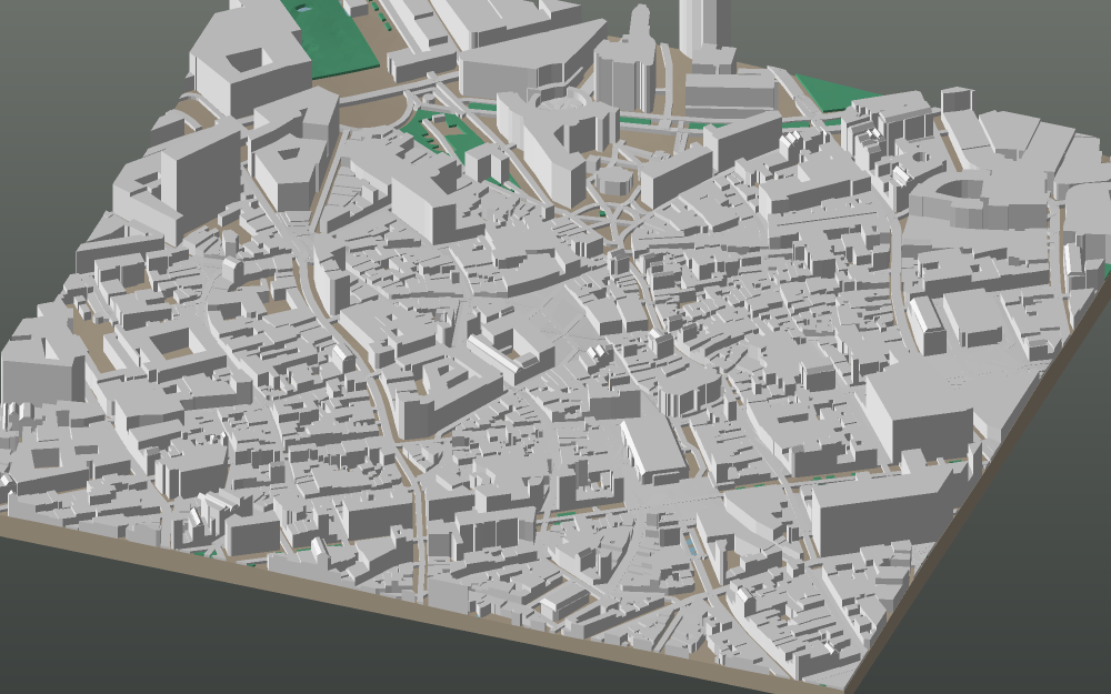 A 3D-printable model plate of Brussels — Grand-Place — with its buildings, streets, water and terrain.