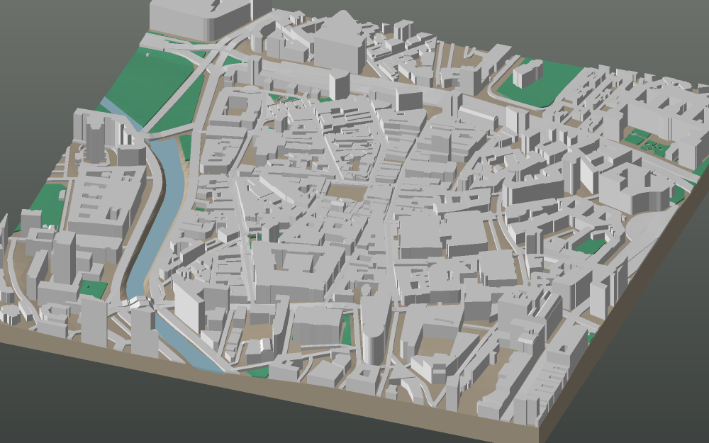 A 3D-printable model plate of Bucharest — Centrul Vechi — with its buildings, streets, water and terrain.
