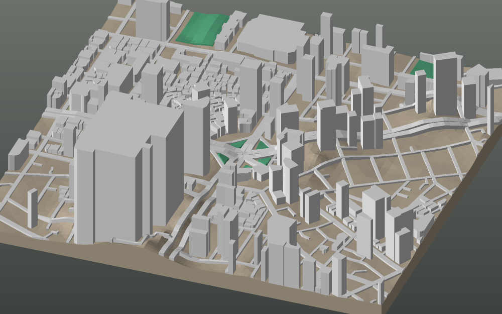 A 3D-printable model plate of Busan — Seomyeon — with its buildings, streets, water and terrain.