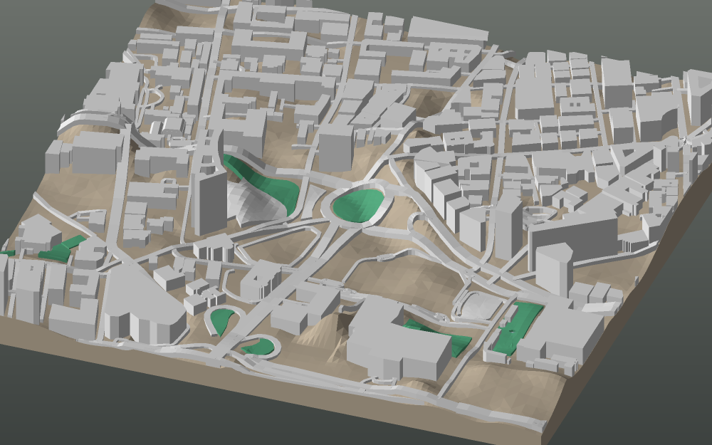 A 3D-printable model plate of Cairo — Bab al-Louq, Tahrir Square — with its buildings, streets, water and terrain.