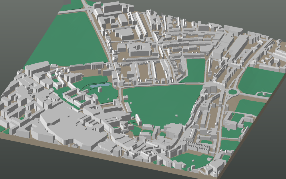 A 3D-printable model plate of Cambridge — Market Ward — with its buildings, streets, water and terrain.