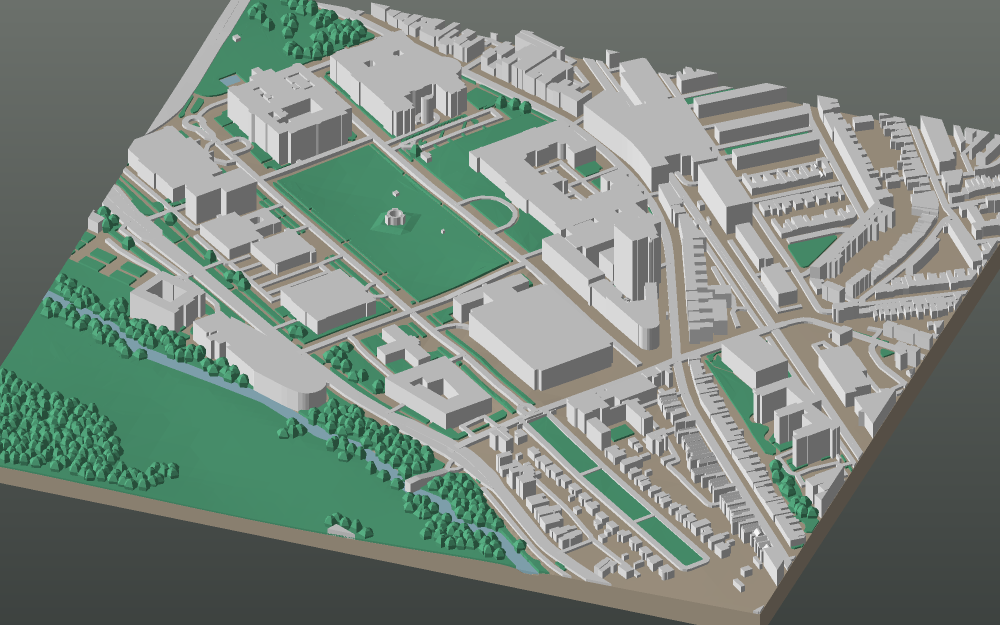 A 3D-printable model plate of Cardiff — Cathays Park — with its buildings, streets, water and terrain.