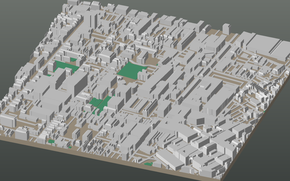 A 3D-printable model plate of Charleston — the Peninsula — with its buildings, streets, water and terrain.