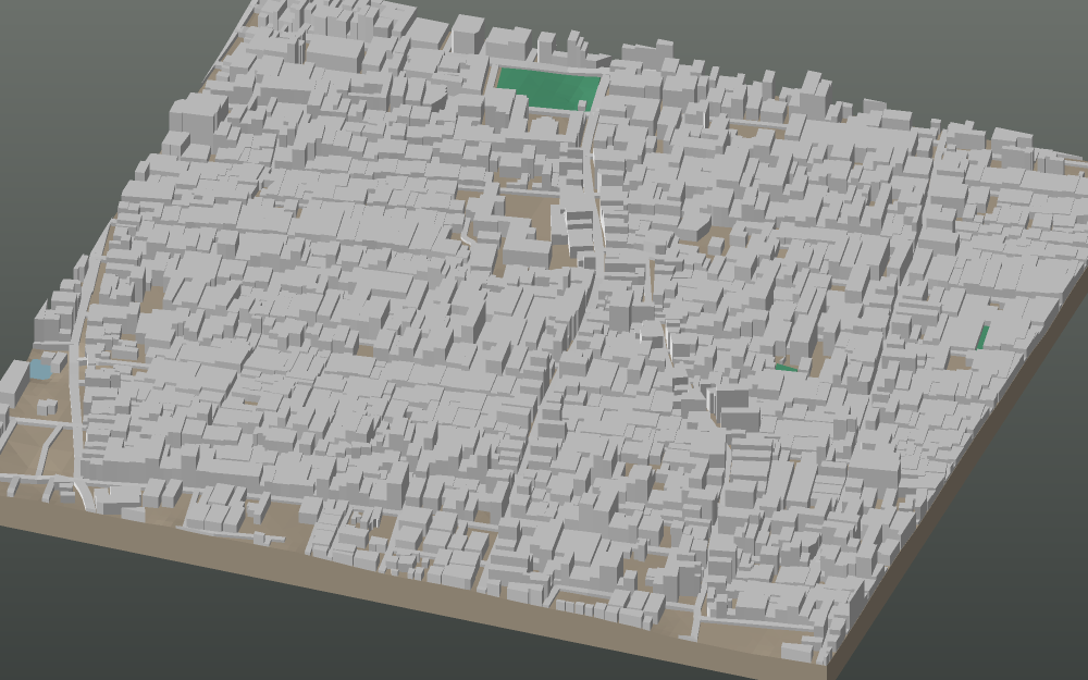A 3D-printable model plate of Chennai — George Town — with its buildings, streets, water and terrain.