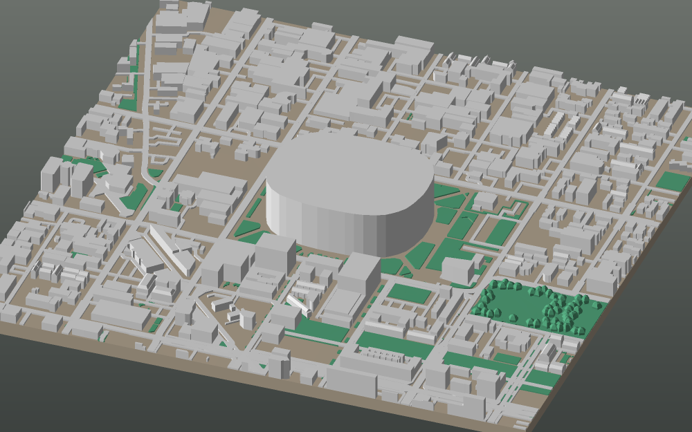 A 3D-printable model plate of Christchurch — Central City — with its buildings, streets, water and terrain.