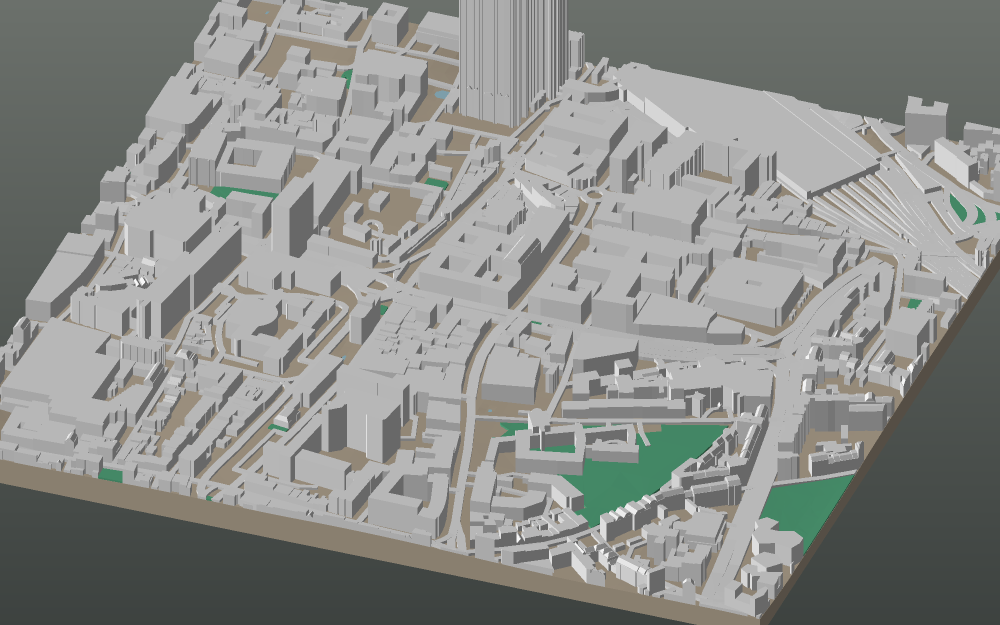 A 3D-printable model plate of Cologne — Altstadt — with its buildings, streets, water and terrain.