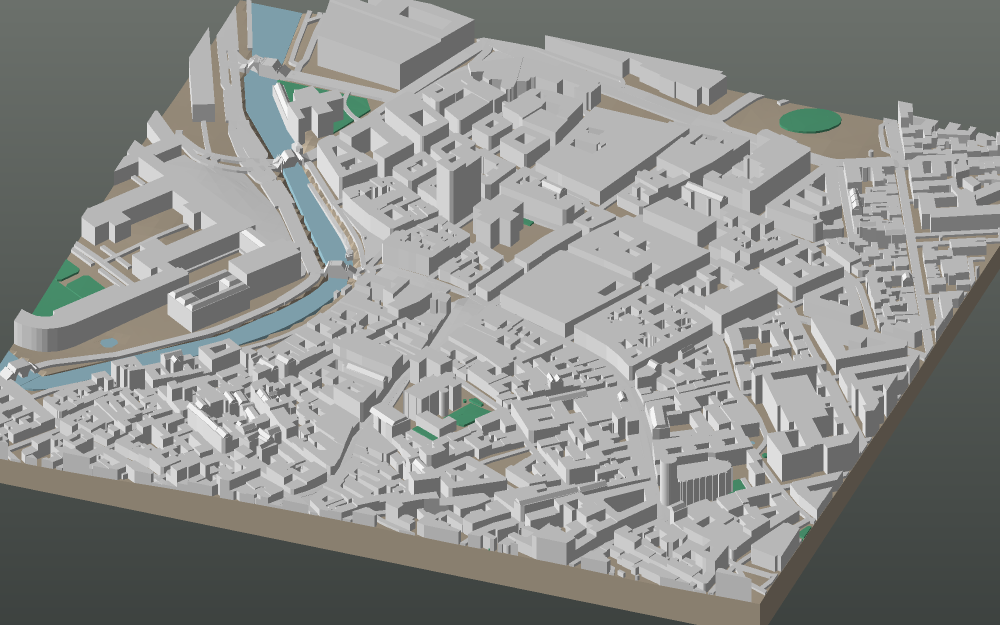 A 3D-printable model plate of Copenhagen — Gammelholm — with its buildings, streets, water and terrain.
