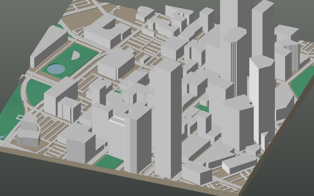 A 3D-printable model plate of Dallas — Downtown — with its buildings, streets, water and terrain.
