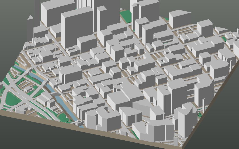 A 3D-printable model plate of Denver — Downtown — with its buildings, streets, water and terrain.