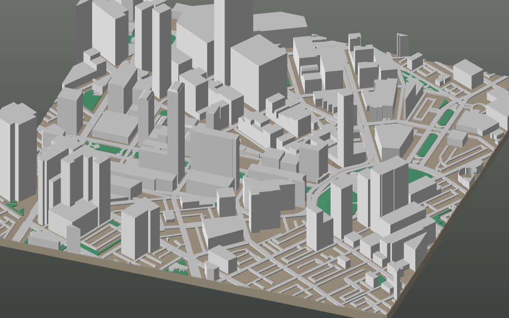 A 3D-printable model plate of Detroit — Downtown — with its buildings, streets, water and terrain.