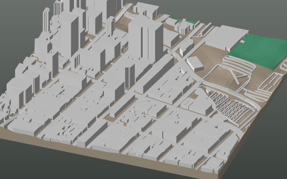 A 3D-printable model plate of Durban — Central — with its buildings, streets, water and terrain.