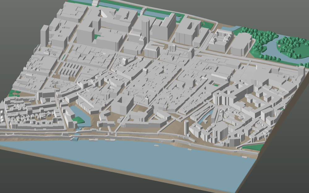 A 3D-printable model plate of Düsseldorf — Altstadt — with its buildings, streets, water and terrain.