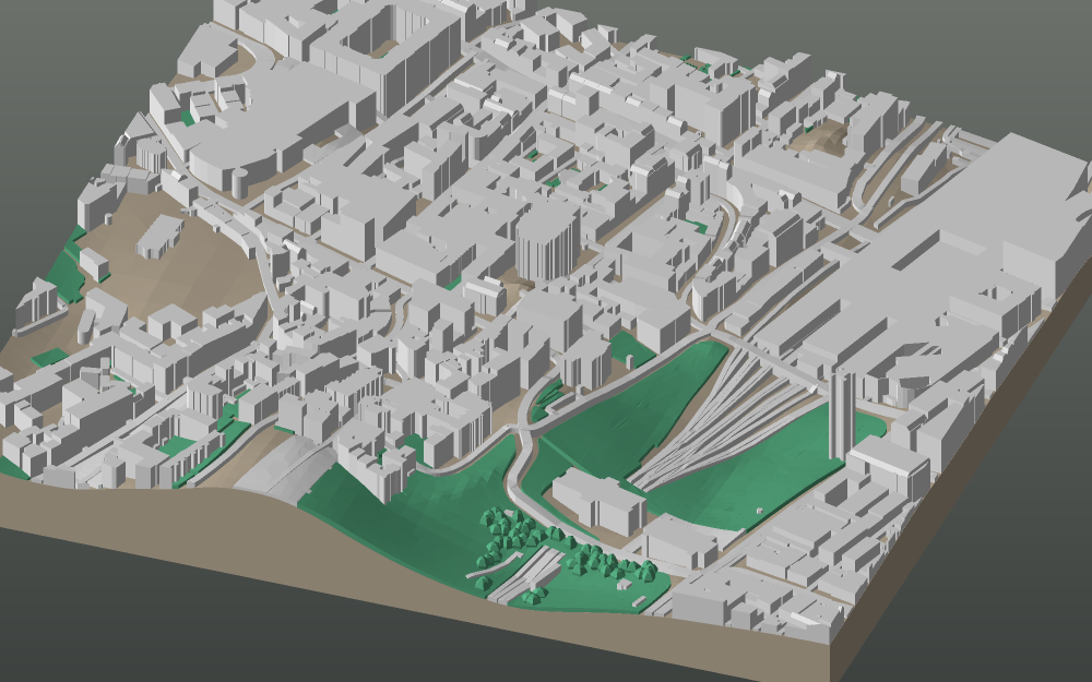 A 3D-printable model plate of Edinburgh — Old Town — with its buildings, streets, water and terrain.