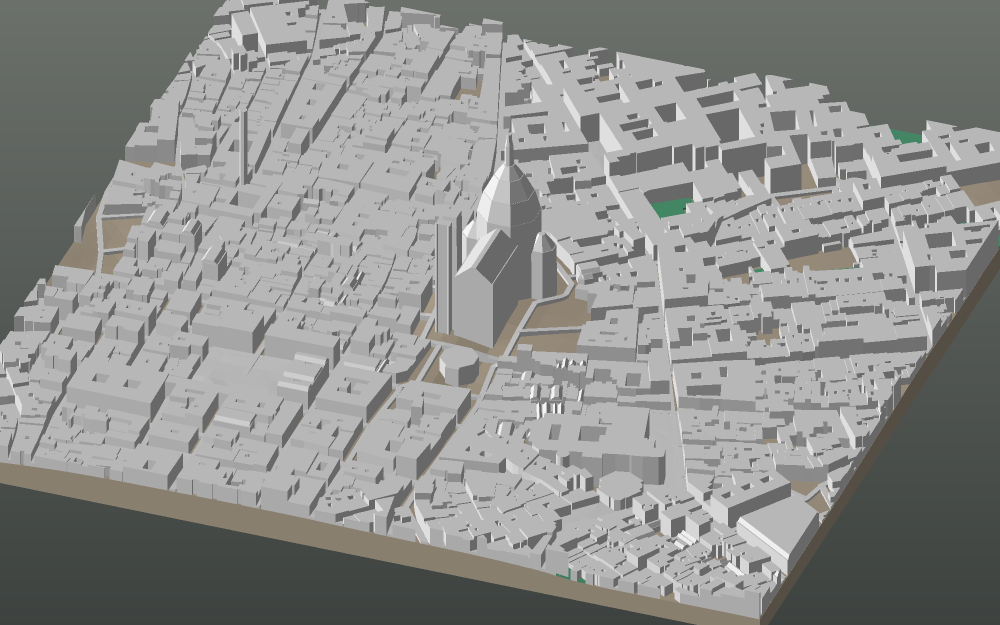 A 3D-printable model plate of Florence — Centro Storico — with its buildings, streets, water and terrain.