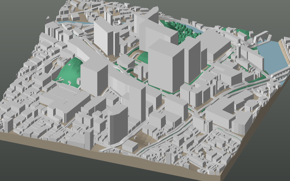 A 3D-printable model plate of Fukuoka — Tenjin — with its buildings, streets, water and terrain.