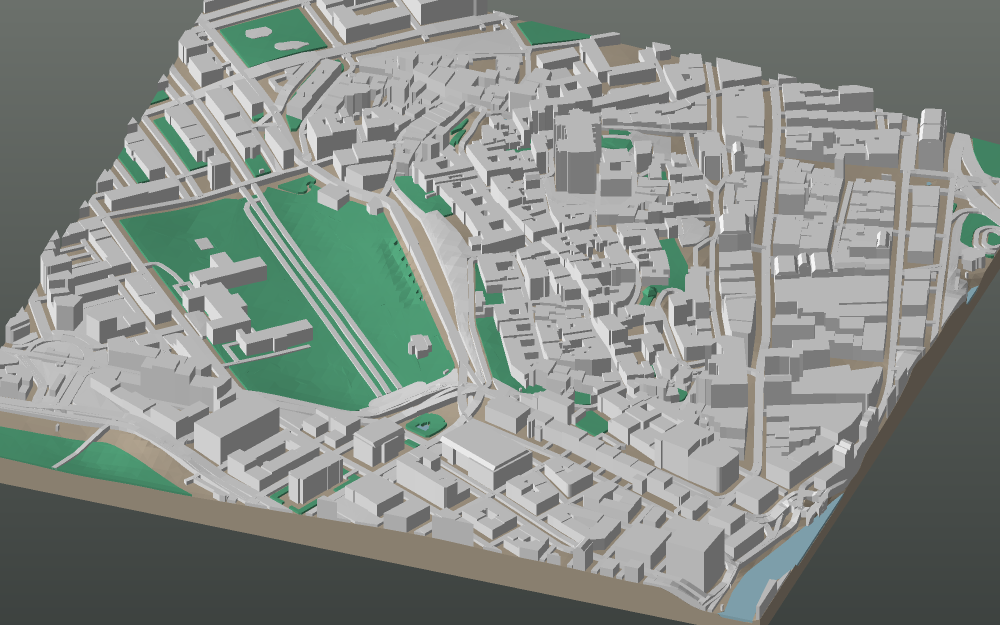 A 3D-printable model plate of Geneva — Cité — with its buildings, streets, water and terrain.