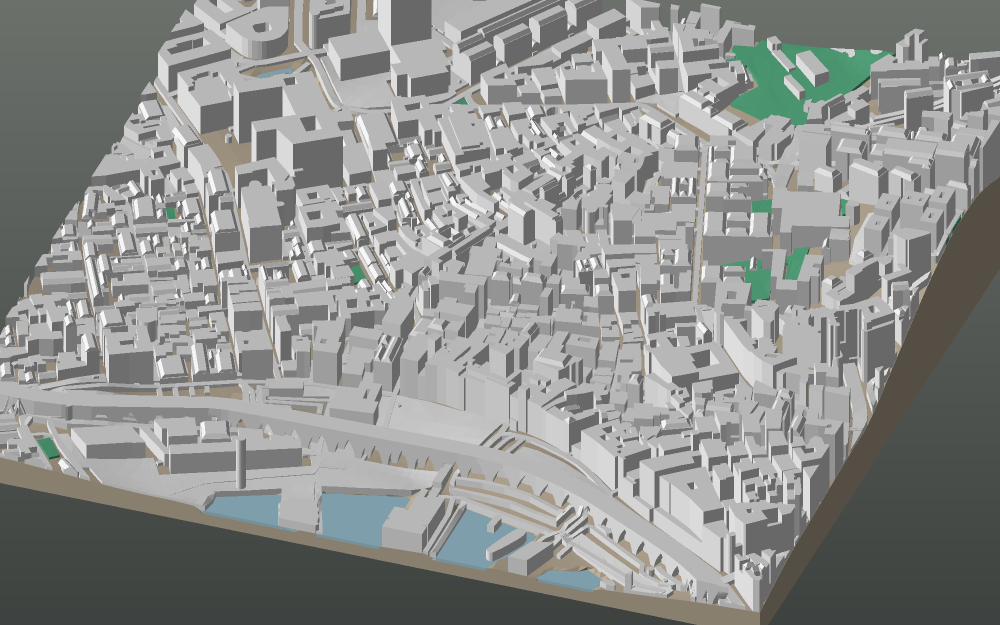 A 3D-printable model plate of Genoa — Centro Storico — with its buildings, streets, water and terrain.