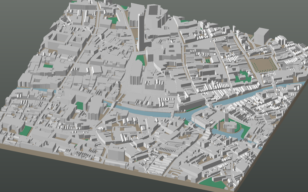 A 3D-printable model plate of Ghent — Binnenstad — with its buildings, streets, water and terrain.
