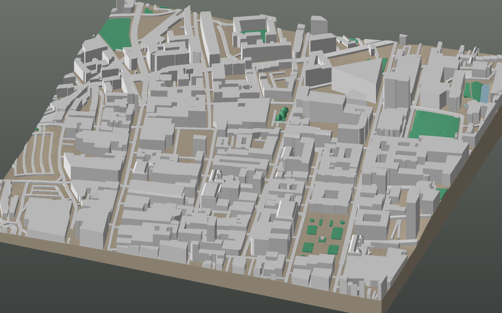 A 3D-printable model plate of Glasgow — Merchant City — with its buildings, streets, water and terrain.