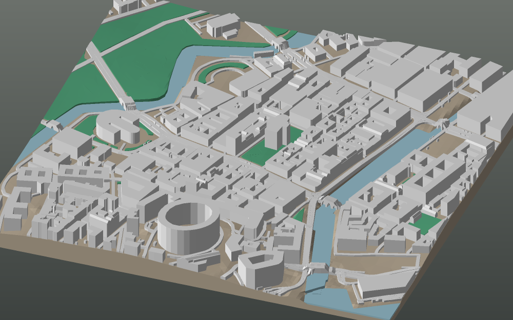 A 3D-printable model plate of Gothenburg — Inom Vallgraven — with its buildings, streets, water and terrain.