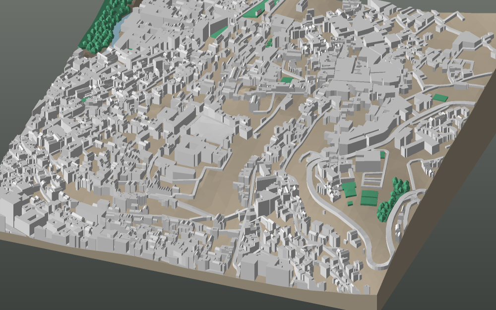 A 3D-printable model plate of Granada — Albaicín — with its buildings, streets, water and terrain.