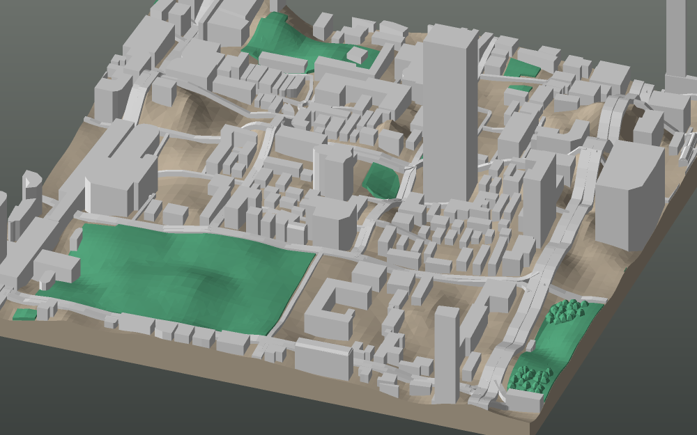 A 3D-printable model plate of Guangzhou — Yuexiu — with its buildings, streets, water and terrain.