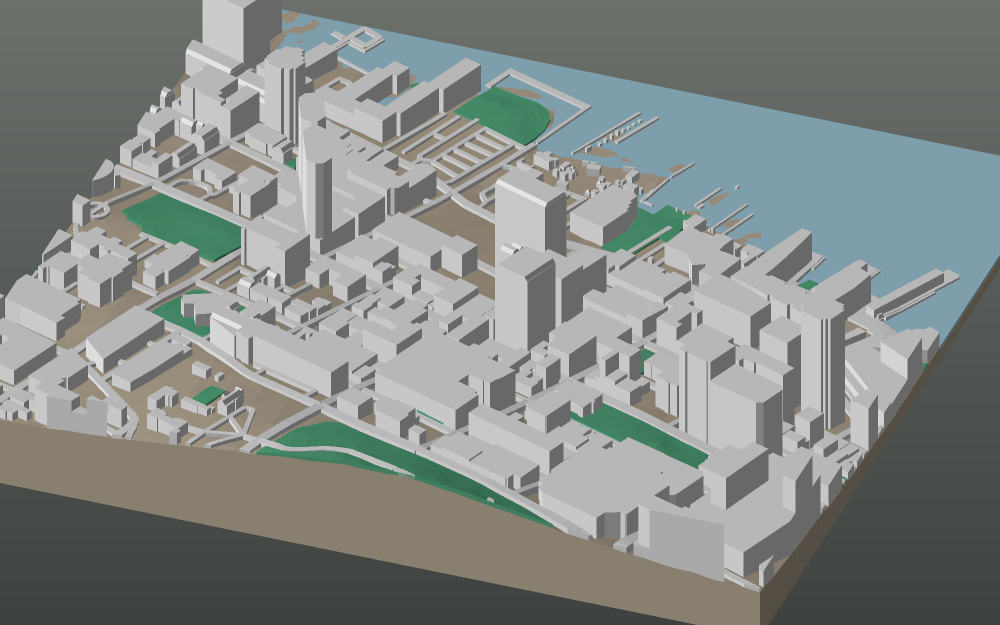 A 3D-printable model plate of Halifax — Downtown — with its buildings, streets, water and terrain.